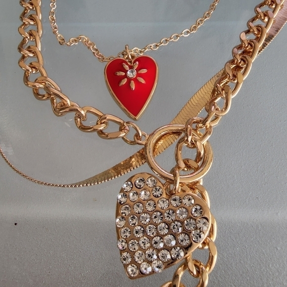 NEW Heart Pendant rhinestone Triple Layered Necklace - Picture 9 of 9